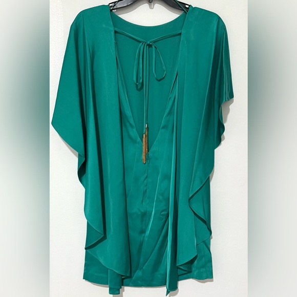 Liv Foster NWT Teal Green Satin Open Back Mini Cape Dress - Picture 5 of 7
